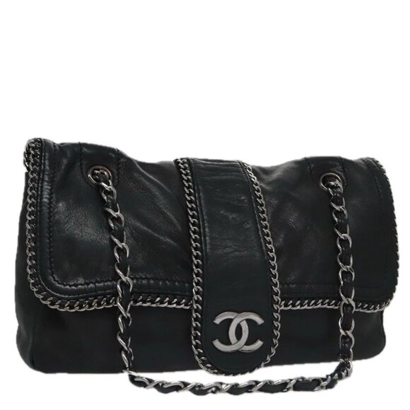 CHANEL COCO Mark Single Flap Shoulder Bag Lamb Skin Black CC Auth yk16446AV - Picture 1 of 15